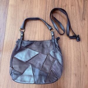 Lucky Brand Leather Suede Patch Silver Pewter Bronze Brown Shoulder Bag Hobo